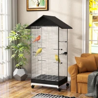 PawHut Cage oiseau sur pied volière oiseaux intérieure sur roulettes 2 mangeoires 8 perchoirs 79 x 65 x 155 cm fil d'acier noir(m-10)