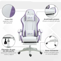 Vinsetto Silla Gaming Silla Gamer de Cuero PU Altura Ajustable Reclinable 135° Reposacabezas y Reposapiés 65x65x121-129 cm Blanco(m-7)