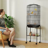 PawHut Bird Cage for Finch Budgie Cage with Stand Wheels, Slide-out Tray, Accessories, Storage Shelf, Black 46.5 x 36 x 157 cm(m-2)