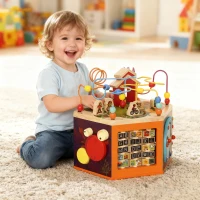 AIYAPLAY 8 in 1 Wooden Activity Cube with Bead Maze, Shape Sorter, for Kids Boys Girls 18+ Months(m-2)