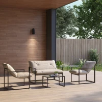 Outsunny Gartenmöbel-Set, 1 Glastisch, 2 Sessel. 1 Sofa, wetterbeständig,114 cm x 70 cm x 67 cm, Grau+Beige(m-2)
