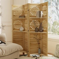 HOMCOM Innen-Paravent 4 Paneele und 3 Ablagen, 160 x 170 cm, faltbarer Raumteiler, Paulownia-Holz, Naturholz(m-2)