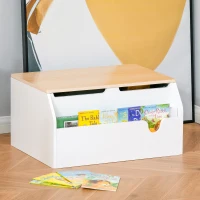 HOMCOM Wooden Kids Toy Box Children Storage Chest Organiser Book Slot Safety Hinge Playroom Furniture White(m-12)