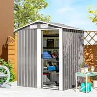 Outsunny Garden Metal Tool Storage Shed with Sliding Door, Sloped Roof and Foundation Kit, 152 x 132 x 188cm, Grey(m-2)