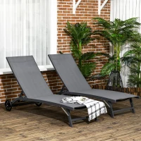 Outsunny Lot de 2 bains de soleil en aluminium et textilène avec roulettes dossier inclinable charge max. 150 Kg Gris foncé(m-10)