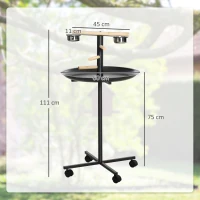 PawHut Parrot Perch Stand, Large Bird Play Stand, Metal Bird Table Feeder Station with Stainless Steel Bowls, Four Wheels, Round Tray, Black(m-3)