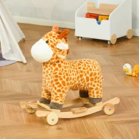HOMCOM Jouet à Bascule Girafe et Porteur sur roulettes 2 en 1 Fonction sonore mugissement Bois peuplier Peluche Courte Polyester tacheté(m-10)