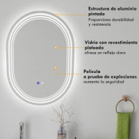 kleankin Espejo Baño con Luz 70x50 cm 3 Colores de Luz, Función Antivaho, Función de Memoria, IP44, Horizontal/Vertical(m-7)