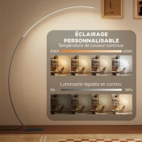 HOMCOM Lampadaire arc LED, lampadaire sur pied salon dimmable 30 W, télécommande magnétique, 120 x 27 x 172 cm, argent(m-4)