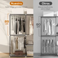 HOMCOM Armario de Ropa Armario Abierto con 4 Estantes de Tela 3 Barras para Colgar Marco de Metal 142x43x185 cm Gris Claro(m-4)