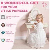 AIYAPLAY Kids Dressing Table, Girls Vanity Set with Mirror and Stool, 7 Play Accessories, Drawer, Desktop Storage, Pink(m-8)