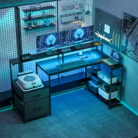 HOMCOM Gamingbureau L-vormig bureau met LED & stopcontacten, met dubbel monitorhouder, 165x80x91,5 cm, zwarte houtlook(m-2)