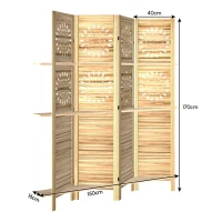 HOMCOM Paravento interno, 4 pannelli e 3 mensole, pieghevole, in legno, 160 x 170 cm, Legno naturale(m-3)