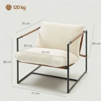 HOMCOM Sillón de salón, sillón auxiliar acolchado en tela bouclé, asiento amplio y estructura de acero, 77x91x80cm, crema(m-3)