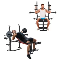 HOMCOM Banc de musculation Fitness entrainement complet avec support d'haltères dossier réglable acier revêtement synthétique 128 x 155 x 112 cm noir et rouge(m-10)
