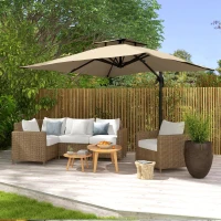 Outsunny Parasol déporté carré 3 x 3 m, manivelle, base croisée, rotation 360°, polyester 250 g/m², double toit, 8 baleines, kaki(m-10)