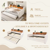 Space-Saving Sofa Bed with Adjustable LED Lighting and USB-C Port, Bed Frame with Built-in Storage Shelf, 201L x 107W x 75H cm, Beige(m-5)