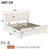 4ft6 Double Upholstered Bed with Built-in Type‑C & USB Charging, Bed Frame with Adjustable LED Reading Lights, 214L x 145W x 102H cm, Beige(m-3)