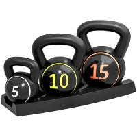 SPORTNOW Set 3 Kettlebell de 2.2 kg, 4.5 kg și 6.8 kg cu Suport pentru Greutăți, din Plastic și Nisip, Negru(m-1)