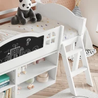 3ft Single Storage Bed with Built-in Blackboard for Drawing, High Sleeper Bed with 2-Step Inclined Staircase, 196.5L x 132W x 96H cm, White+Black(m-8)