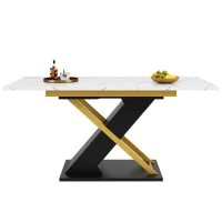 6–8 Seats Extendable Dining Table with Marble-Effect MDF Top, Kitchen Table with Metal Slide Rails, 120-160L x 80W x 75.5H cm, Black+Golden(m-2)