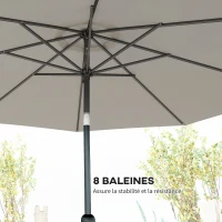 Outsunny Parasol de jardin extérieur Parasol droit inclinable Ø 3 m en métal Rond Polyester 180g/m² manivelle inclinable Gris Clair(m-7)
