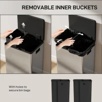 HOMCOM Coș de Gunoi cu Pedală cu 2 Compartimente de 30L, Capac Amortizat și Galeți Detașabili, Oțel Inoxidabil, Argintiu(m-7)