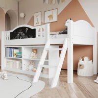 3ft Single Storage Bed with Built-in Blackboard for Drawing, High Sleeper Bed with 2-Step Inclined Staircase, 196.5L x 132W x 96H cm, White+Black(m-7)