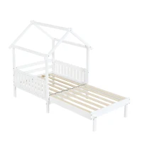 3ft Single Wooden Bed with Pull-Out Trundle and Sturdy Plywood Slats, Versatile Bed Frame for Bedrooms, 197L x 107.5W x 139H cm, White(m-12)
