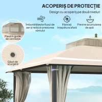 Outsunny Pavilion pentru Exterior cu Baldachin, Acoperiș Dublu, Plasă și Draperii, 370x303x290 cm, Bej(m-4)