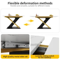6–8 Seats Extendable Dining Table with Marble-Effect MDF Top, Kitchen Table with Metal Slide Rails, 120-160L x 80W x 75.5H cm, Black+Golden(m-4)