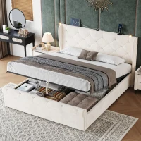 4ft6 Double Upholstered Bed with Built-in Type‑C & USB Charging, Bed Frame with Adjustable LED Reading Lights, 214L x 145W x 102H cm, Beige(m-1)