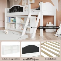 3ft Single Storage Bed with Built-in Blackboard for Drawing, High Sleeper Bed with 2-Step Inclined Staircase, 196.5L x 132W x 96H cm, White+Black(m-4)