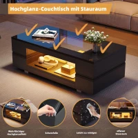 Modern LED Hollow Coffee Table with App-Controlled Light Strip, Desk with High-Gloss Toughened Glass Top, 100L x 50W x 35H cm, Black(m-5)