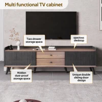 Modern TV Cabinet with 2 Centre Drawers and Striped Sliding Doors, Storage Stand with Raised Top Edge, 160L x 40W x 58H cm, Black+Wood(m-4)