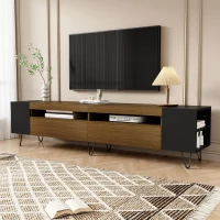 Modern TV Cabinet with 2 Front Doors and Open Side Compartments, Durable TV Stand with Cable Outlets, 180L x 36W x 43H cm, Black+Wood(m-1)
