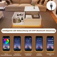 Lift-Up Coffee Table with Space-Saving Hidden and Open Storage, Desk with LED App-Controlled Lighting, 100L x 50W x 33H cm, White(m-4)