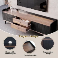 Modern TV Cabinet with 2 Centre Drawers and Striped Sliding Doors, Storage Stand with Raised Top Edge, 160L x 40W x 58H cm, Black+Wood(m-5)