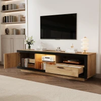 Modern TV Cabinet with App-Controlled LED Lights and USB Power, Media Cabinet with 3 Open Compartments, 160L x 40W x 50H cm, Wood(m-1)