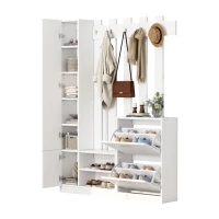 5‑in‑1 Space-Saving Entryway Storage with Coat Hooks, Hall Tree Coat Rack with Shoe Bench, Full-Length Mirror, 135L x 25W x 180H cm, White(m-10)