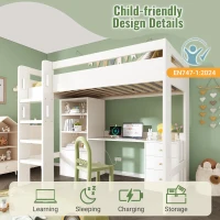 Kids' High Sleeper Loft Bed with Built-in Storage and Soft‑Close Drawers, Bunk Bed with USB/Type‑C Charging, 196L x 108W x 175H cm, White(m-4)