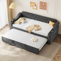 3-in-1 Upholstered Sofa Daybed with USB and Type-C Charging Station, Bed Frame with Built-In Armrest Storage, 217L x 191W x 81H cm, Grey(m-1)