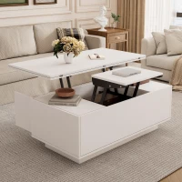 Lift-Up Coffee Table With 2 Doors, 2 Liftable Tops, 2 Cabinets, Particleboard Centre Desk With Hidden Storage, 100L x 50W x 55.5H cm, White(m-8)