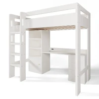 Kids' High Sleeper Loft Bed with Built-in Storage and Soft‑Close Drawers, Bunk Bed with USB/Type‑C Charging, 196L x 108W x 175H cm, White(m-11)