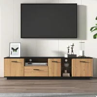 Modern TV Cabinet with 3 Doors, Drawer and 2 Open Glass Compartments, TV Stand with Solid Wooden Legs, 180L x 37W x 45H cm, Black+Wood(m-8)