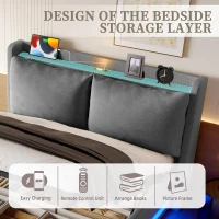 Modern Upholstered Bed with Dual USB‑C Ports and LED Lighting, Bed Frame with Hydraulic Lift Storage, 152.5L x 210W x 114H cm, Dark Gray(m-7)