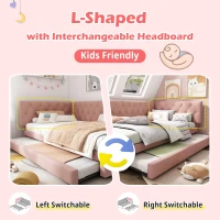 Upholstered Daybed with Pull-Out Trundle and Slatted Base, Space-Saving Velvet Single Sofa Bed for Adults and Kids, 202L x 105W x 83H cm, Pink(m-6)