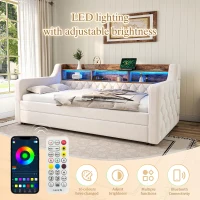 Space-Saving Sofa Bed with Adjustable LED Lighting and USB-C Port, Bed Frame with Built-in Storage Shelf, 201L x 107W x 75H cm, Beige(m-6)