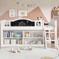 3ft Single Storage Bed with Built-in Blackboard for Drawing, High Sleeper Bed with 2-Step Inclined Staircase, 196.5L x 132W x 96H cm, White+Black(m-6)