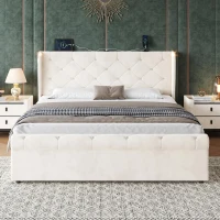 4ft6 Double Upholstered Bed with Built-in Type‑C & USB Charging, Bed Frame with Adjustable LED Reading Lights, 214L x 145W x 102H cm, Beige(m-8)